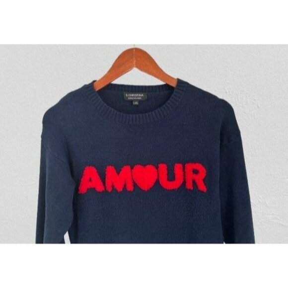 S. CHRISTINA 100% Cashmere Sweater AMOUR Navy Blue Crewneck Size Large - Picture 3 of 7